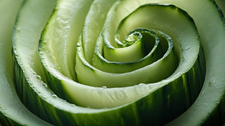 A stunning close-up of a spiral cut cucumber showcasing its vibrant green hues and glistening water droplets, perfect for emphasizing freshness and natural beauty.の素材