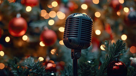 A vintage microphone set against a backdrop of Christmas decorations and soft lights, ideal for capturing the festive spirit of holiday celebrations.の素材