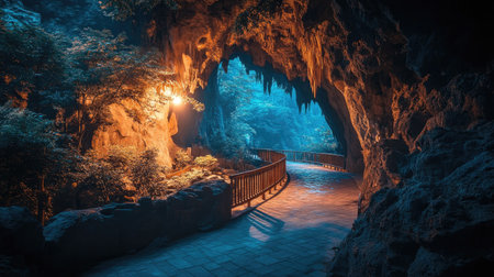 A stunning view of a cave pathway illuminated by soft blue and orange lights, surrounded by lush foliage, creating a serene and mystical atmosphere for exploration.の素材