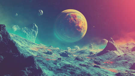 Explore a vibrant alien landscape featuring a colorful planet and floating asteroids in a surreal space setting, perfect for science fiction themes.の素材
