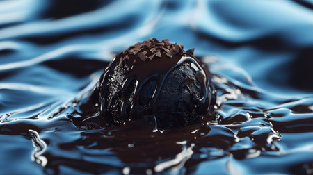 A decadent chocolate truffle is artfully coated in a rich dark sauce, resting atop a glossy surface. The image captures the indulgent allure of gourmet desserts.の素材