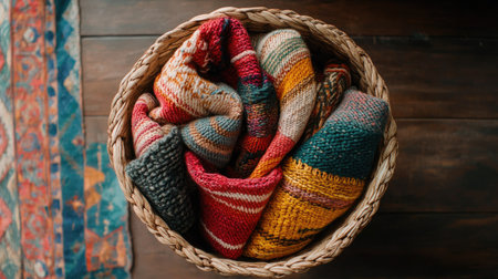 A woven basket filled with colorful wool blankets creates a cozy and inviting atmosphere. Ideal for home decor, this arrangement adds warmth and texture to any interior.の素材