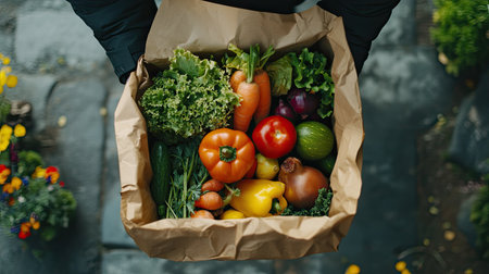 A top view of a paper bag filled with an assortment of fresh organic vegetables. Vibrant colors and textures showcase the beauty of healthy eating. Perfect for culinary inspiration.の素材