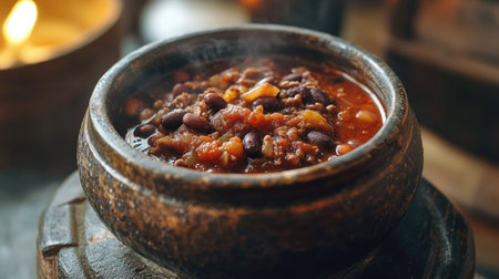 A steaming bowl of rich chili served in an artisanal pot, showcasing vibrant beans and tender meat. Ideal for cozy dinners and food photography.の素材