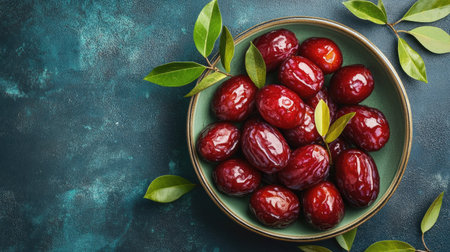 A vibrant arrangement of fresh red fruit glistening on a green plate, complemented by lush green leaves, showcasing nature's beauty and nutritious appeal.の素材