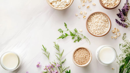 Overhead view of various natural ingredients such as milk, yogurt, oats, herbs, and flowers arranged artistically on a light surface, ideal for health-focused culinary projects.の素材