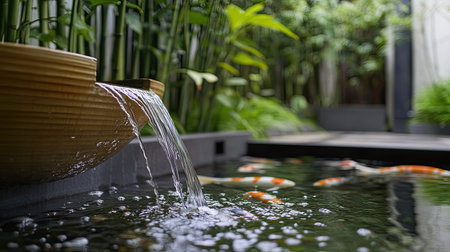 A serene garden scene featuring a tranquil water feature with koi fish swimming peacefully. Lush bamboo and vibrant greenery create a calming atmosphere.の素材