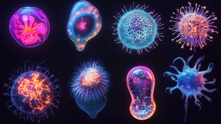 A captivating collection of vibrant microorganisms illuminated with glowing colors against a dark background, showcasing the beauty of microscopic life forms.の素材
