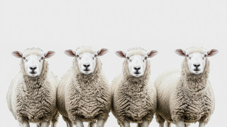 Four white sheep with fluffy coats stand side by side, gazing directly at the camera against a plain background. A perfect image for farm or nature themes.の素材