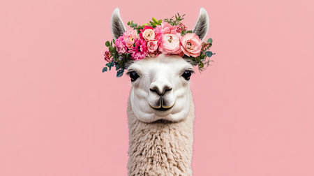 This charming portrait features a friendly alpaca adorned with a lovely floral crown against a soft pink background, exuding joy and elegance.の素材