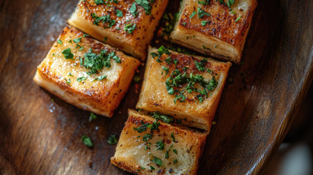 Enjoy this enticing image of crispy golden brown potato stacks garnished with fresh herbs, perfect for elevating any meal or snack.の素材