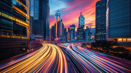 Captivating cityscape during sunset showcasing vibrant skyscrapers and light trails from bustling traffic, illustrating the energy of urban life.の素材