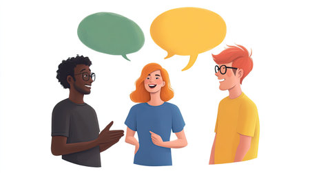 Vibrant illustration of three diverse characters engaged in lively conversation with colorful speech bubbles, symbolizing communication and connection.の素材
