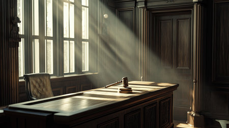A beautifully lit courtroom scene showcasing sunlight streaming through windows, highlighting elegant wooden furniture and a gavel on the judge's desk.の素材