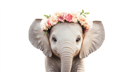This charming portrait captures a baby elephant wearing a delightful flower crown. The innocent expression and gentle features create an adorable scene filled with joy.の素材