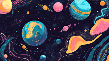Dive into a vibrant abstract space scene featuring colorful planets and swirling stars, perfect for imaginative projects and artistic backgrounds.の素材