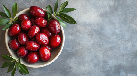 A striking bowl filled with fresh red dates and green leaves rests on a textured gray background, perfect for showcasing healthy food options in your projects.の素材