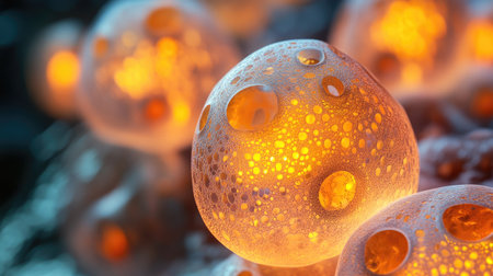 This captivating image features glowing bubbles with intricate patterns and reflections on smooth surfaces, perfect for science and abstract concepts.の素材