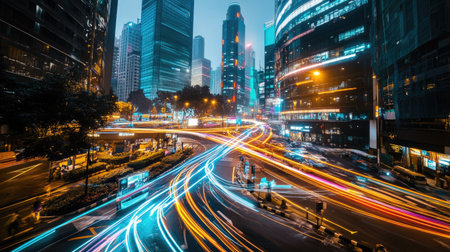 A stunning urban night scene showcasing vibrant light trails from vehicles amidst towering skyscrapers. This image captures the energy and motion of a bustling city.の素材