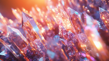 A mesmerizing close-up of colorful crystals shining vibrantly in light. The intricate details and reflections create a stunning visual experience that captivates.の素材