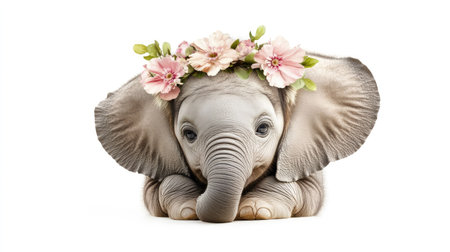This adorable baby elephant features a floral crown, radiating joy and innocence. Set against a clean white background, it highlights natural beauty and whimsy.の素材