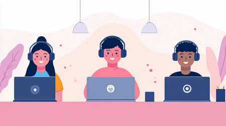 A vibrant illustration showcasing a diverse group of young people engaged in productive work on their laptops, highlighting collaboration and modern technology.の素材