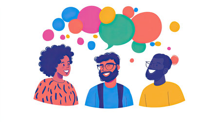 This colorful illustration depicts three friends engaged in a lively conversation, surrounded by vibrant speech bubbles. Perfect for themes of communication and friendship.の素材
