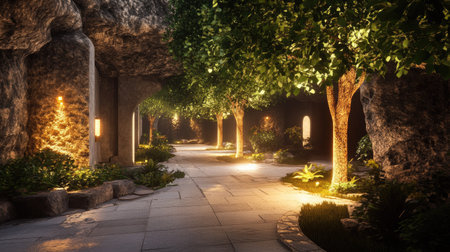 Explore a tranquil pathway surrounded by lush green trees and soft lighting. This serene environment invites reflection and connection with natureの素材