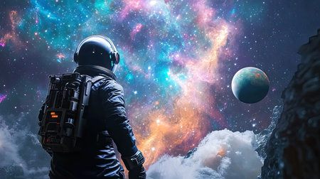 An astronaut stands in awe, gazing at a vibrant cosmic nebula and a distant planet while clouds drift below. This stunning scene captures the wonder of space exploration.の素材