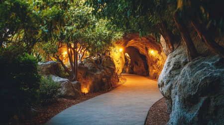 A serene pathway winds through a beautifully illuminated stone archway, surrounded by lush foliage, creating a tranquil escape into nature's embrace.の素材