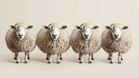 Four fluffy sheep stand together against a neutral background, showcasing their woolly texture and adorable faces. Perfect for agriculture and nature themes.の素材