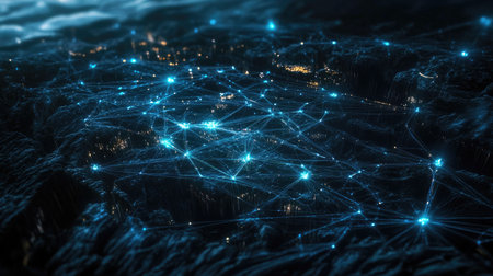 This digital artwork showcases a stunning network of connections over an abstract mountainous landscape, highlighting the beauty of technology and data communication.の素材