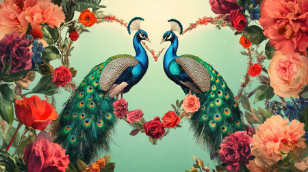 Two majestic peacocks create a stunning visual centerpiece with vibrant flowers in a heart-shaped arrangement, symbolizing love and beauty in nature.の素材