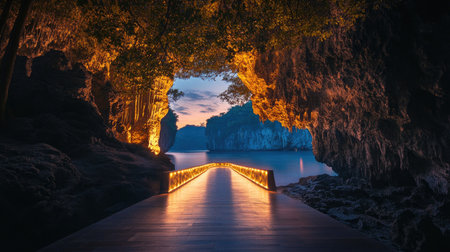 Beautiful view of a lit walkway leading through a cave, surrounded by serene water. Captivating natural beauty enhances the tranquil atmosphere at dusk.の素材