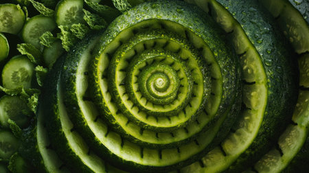 This captivating image showcases a spiral arrangement of fresh cucumbers, highlighting their vibrant green color and texture. Ideal for healthy food themes.の素材