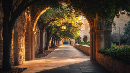 A tranquil garden pathway lined with stone archways and lush trees captures the beauty of sunset. This serene setting invites exploration and reflection.の素材
