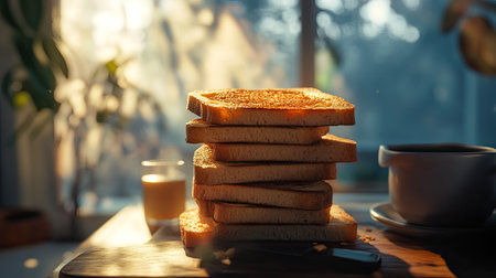 A stack of freshly toasted bread slices resting on a wooden table, illuminated by warm morning light, creating a cozy breakfast scene with a beverage nearby.の素材