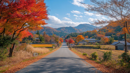 Capture the beauty of autumn with this tranquil landscape featuring a quiet road surrounded by vibrant foliage, mountains in the distance, and a clear blue sky.の素材