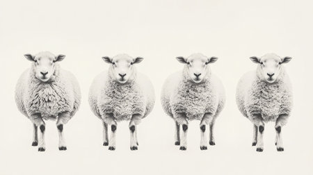 A group of four sheep stands in a row against a minimalist background. Their calm expressions and fluffy wool create a serene atmosphere, perfect for agriculture-themed projects.の素材