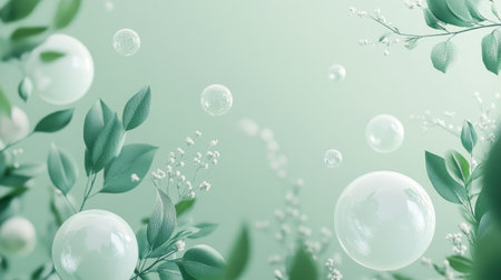 This beautiful image features translucent bubbles floating gracefully among lush greenery, evoking a sense of calm and tranquility in a soft pastel environment.の素材