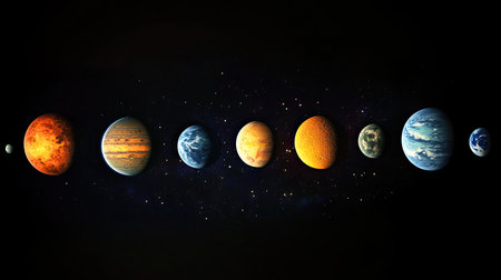Explore a captivating illustration of the solar system showcasing various planets in their orbits. Ideal for educational or creative projects related to space.の素材