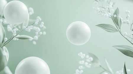 A serene composition featuring soft white spheres and delicate green foliage, creating a calming atmosphere perfect for minimalistic dの素材