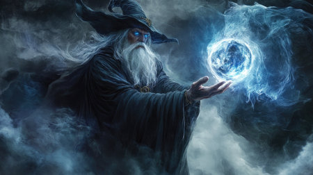 A captivating portrayal of a mysterious wizard casting enchanting magic with a glowing energy sphere amidst swirling clouds, exuding power and mystery.の素材