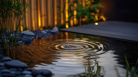 A calming garden scene featuring a water droplet creating ripples in a tranquil pond. Surrounded by stones and bamboo, the atmosphere conveys relaxation and serenity.の素材