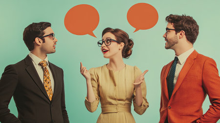 A lively scene featuring three professionals engaged in a dynamic conversation. The individuals express enthusiasm and creativity in a vibrant studio setting.の素材