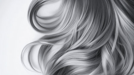 Captivating close-up of silky hair in soft monochrome tones. The elegant waves and curls create a mesmerizing visual, perfect for beauty and fashion themes.の素材