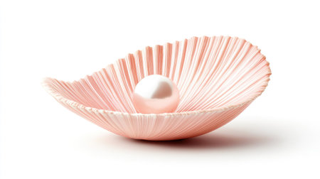This elegant pink shell features a delicate pearl resting inside, creating a serene and minimalistic composition. Perfect for themes of beauty and nature.の素材
