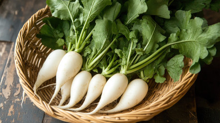 A beautifully arranged bunch of fresh white radishes with vibrant green leaves in a woven basket. Ideal for promoting healthy eating and culinary creativity.の素材