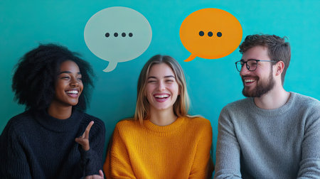 A lively scene of diverse friends enjoying a cheerful conversation, radiating joy and warmth against a vibrant background, showcasing friendship and connection.の素材