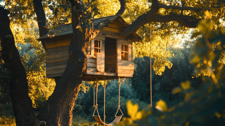 A picturesque treehouse nestled among lush greenery, featuring a cozy swing. Sunlight filters through the leaves, creating a serene outdoor retreat perfect for imaginative play and relaxation.の素材